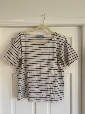 Prada White Tee with Blue Stripes and Logo Tag